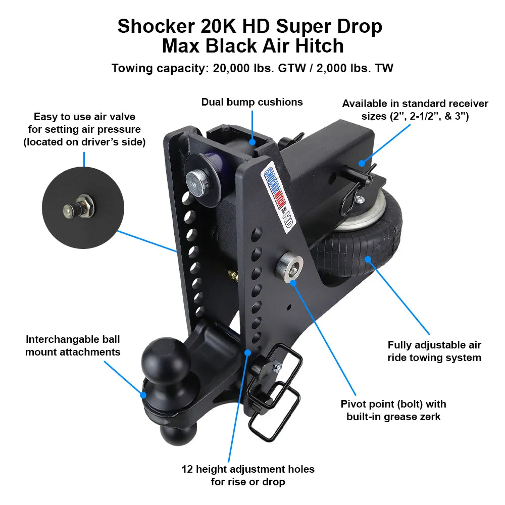 Shocker 20K Max Air Super Drop Hitch - Fits 2" Hitch, Chrome Combo 2" & 2-5/16" Balls